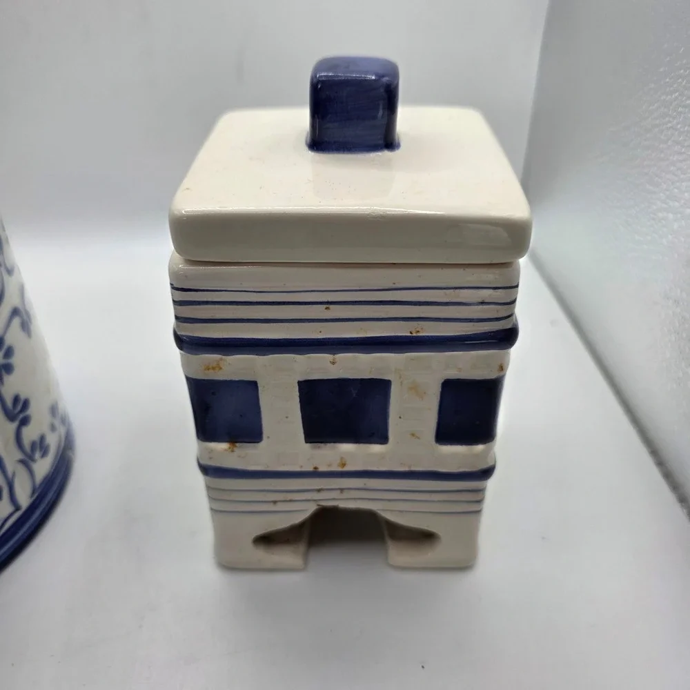 Blue and White Ceramic Canister Set Floral Geometric Vintage Storage Jars